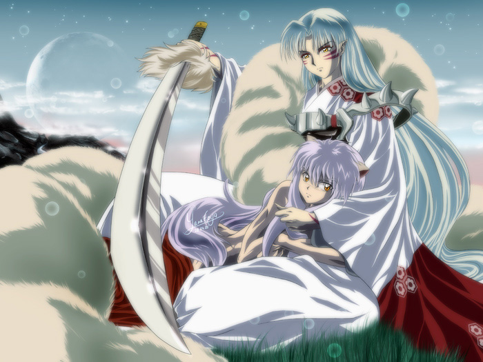 brothers, inuyasha, inuyasha_(character), sesshoumaru, sword, tetsusaiga, white_hair, yanagoya