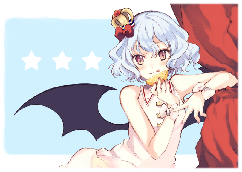 1girl, :q, bare_shoulders, bat_wings, blue_hair, blush, bow, crown