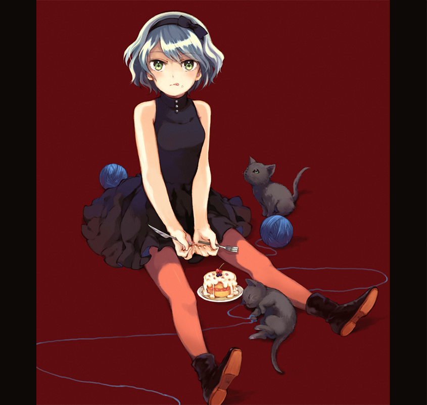 :q, bare_shoulders, cake, cat, cherry, dress, food, fork