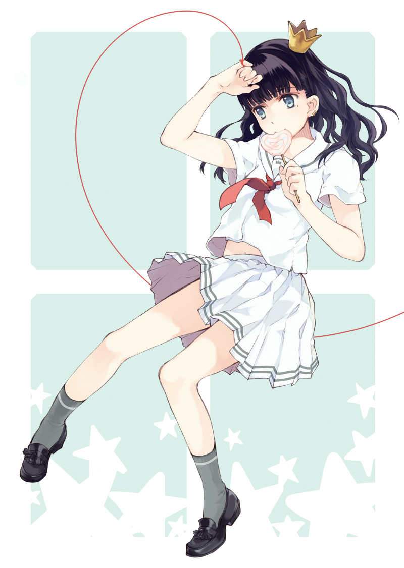 arm_up, black_hair, blue_eyes, candy, crown, heart, holding, lollipop