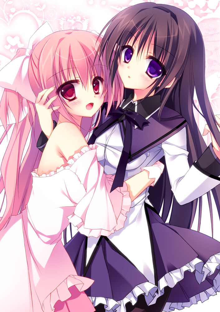 :d, akemi_homura, arm_around_neck, bare_shoulders, black_hair, black_legwear, blush, dress