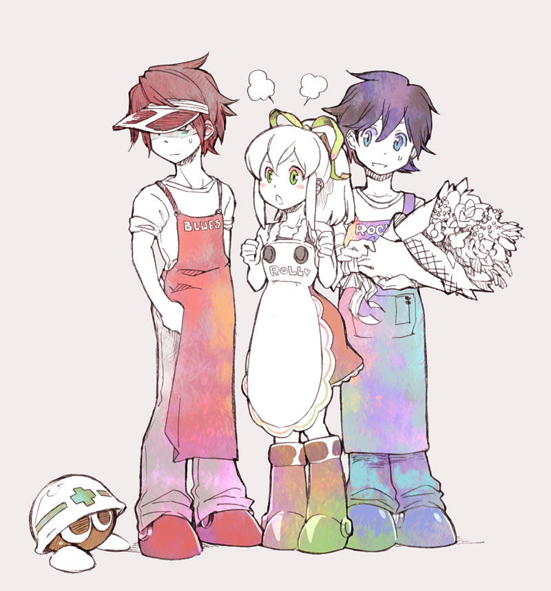 2boys, apron, blue_eyes, blues_(rockman), blush_stickers, boots, bouquet, brown_hair