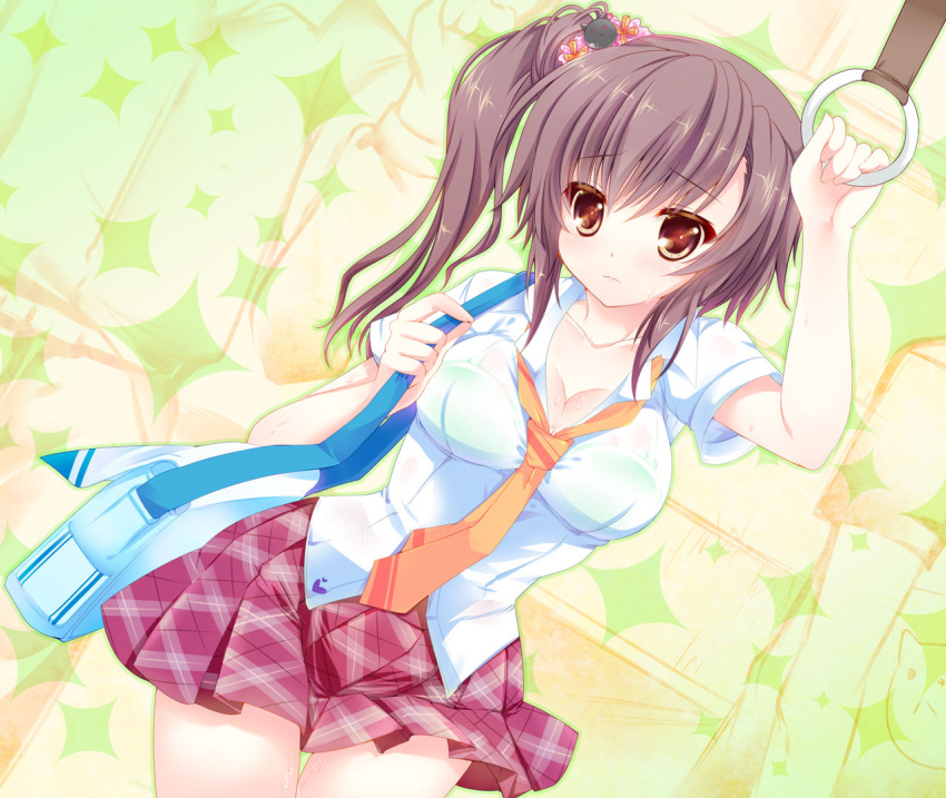 2boys, arm_up, bag, bra, breasts, brown_eyes, brown_hair, character_request
