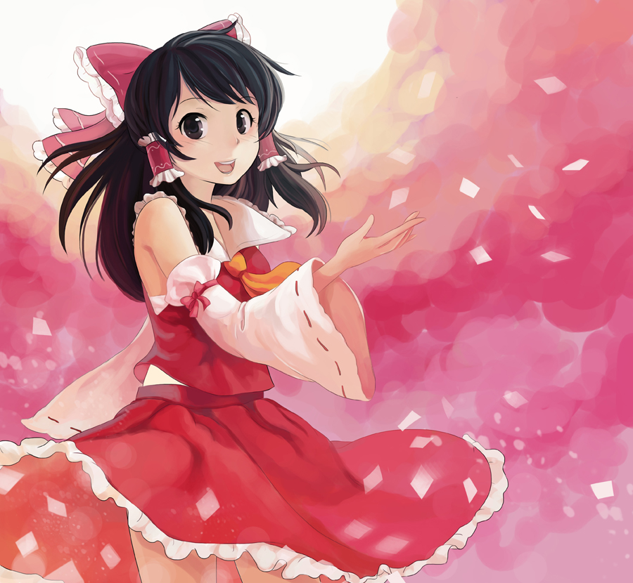 :d, black_eyes, black_hair, bow, derivative_work, detached_sleeves, drees, dress, hair_bow, hair_tubes, hakurei_reimu, long_hair, looking_at_viewer, missnips, open_mouth, skirt, smile, solo, teeth, touhou