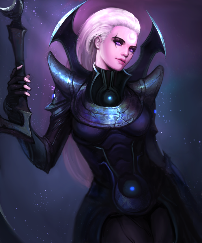 armor, diana_(league_of_legends), facial_mark, fingerless_gloves, forehead_mark, gloves, khopesh, league_of_legends, long_hair, purple_eyes, scar, solo, violet_eyes, weapon, white_hair, yy6242