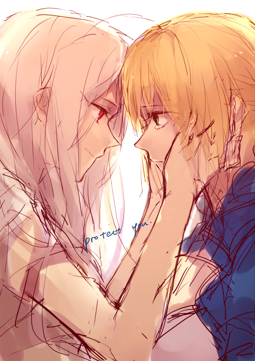 blonde_hair, english, eye_contact, fate/zero, fate_(series), green_eyes, hands_on_another's_cheeks, hands_on_another's_cheeks
