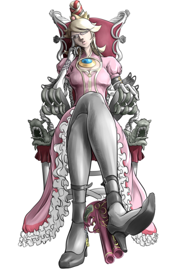 bayonetta, bayonetta_(character), bayonetta_(cosplay), blonde_hair, breasts, chair, cleavage_cutout, crossed_legs, dress, glasses, gloves, gun, high_heels, legs, legs_crossed, long_hair, mole, pachimon, pantyhose, pistol, princess_peach, princess_peach_(cosplay), shoes, sitting, solo, super_mario_bros., weapon
