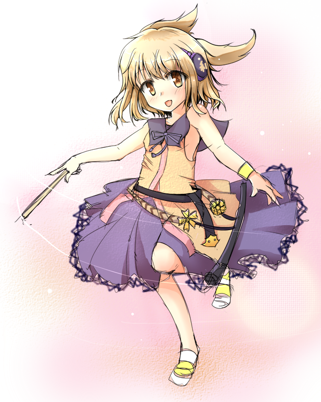 1girl, :d, belt, blonde_hair, blush, bracelet, earmuffs, frills, full_body, jewelry, looking_at_viewer, milfy_oira, open_mouth, outstretched_arms, ritual_baton, short_hair, sleeveless, smile, solo, standing, touhou, toyosatomimi_no_miko, wristband, yellow_eyes