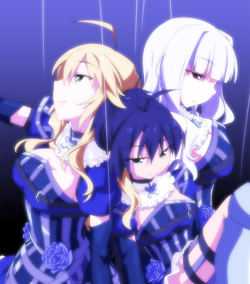 blonde_hair, blue_eyes, choker, elbow_gloves, ganaha_hibiki, gloves, green_eyes, grey_hair, hoshii_miki, idolmaster, long_hair, ponytail, purple_eyes, shijou_takane, smile, takeya_yuuki, violet_eyes, wired_marionette_(costume)