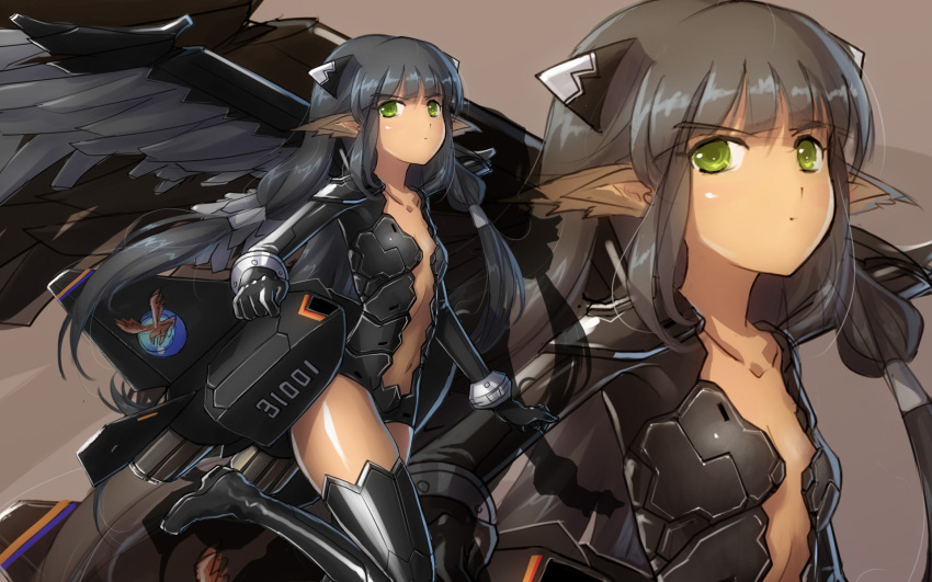 black_hair, black_legwear, boots, ericsakura, green_eyes, highres, j-31, jet
