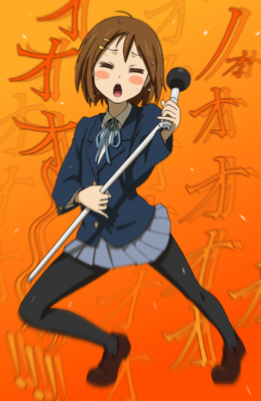 black_legwear, blazer, blush_stickers, brown_hair, closed_eyes, eyes_closed, hirasawa_yui, k-on!
