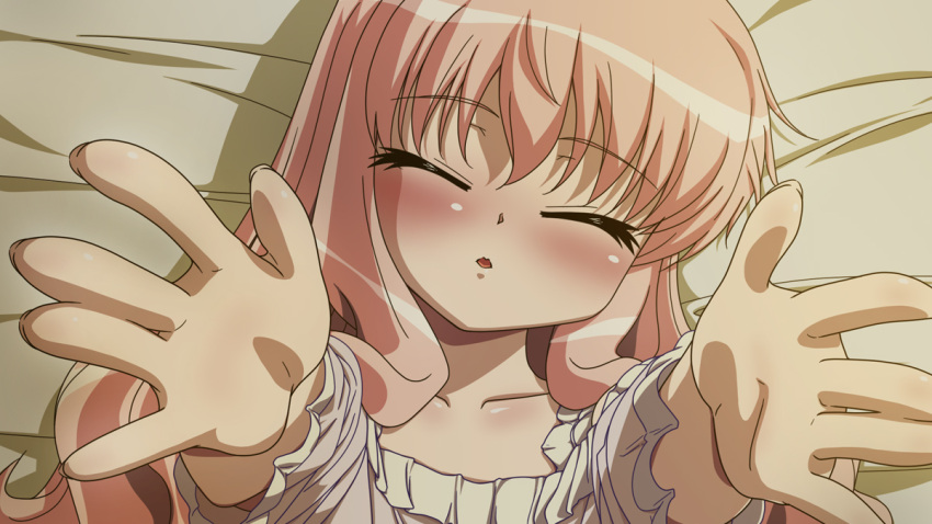 bed, blush, craft108, louise_francoise_le_blanc_de_la_valliere, pink_hair, pucker, reach, zero_no_tsukaima