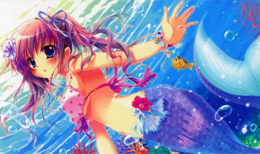 bikini, bikini_top, blue_eyes, bracelet, brown_hair, bubble, clownfish, copyright_request