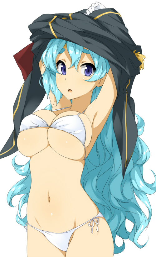 \o/, aqua_hair, armpits, arms_up, bikini, blue_eyes, breasts, cleavage