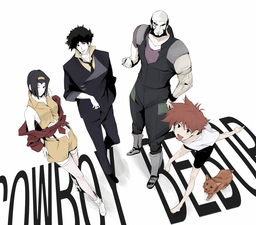 2girls, androgynous, barefoot, beard, bike_shorts, black_hair, cigarette, cowboy_bebop