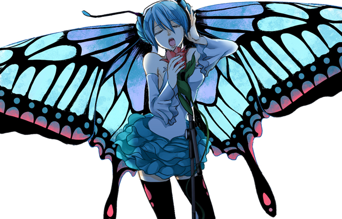 aqua_hair, bad_id, butterfly_wings, closed_eyes, detached_sleeves, double_bun, eyes_closed, hand_on_headphones