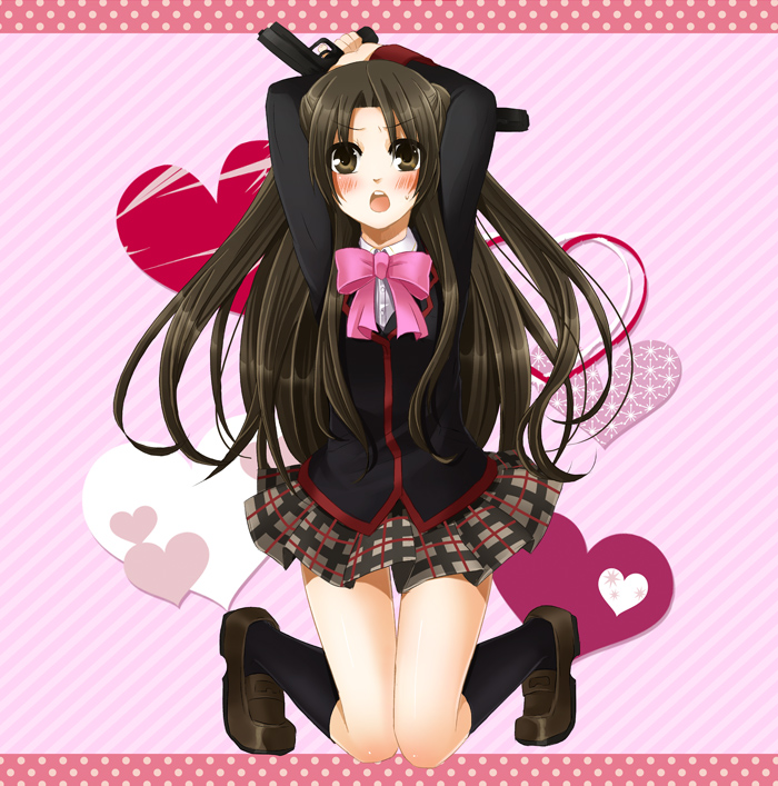 1boy, bad_id, brown_eyes, brown_hair, crossdressinging, dual_wielding, gun, iwashiro_byou
