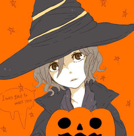 beatrice, brown_eyes, brown_hair, dark_souls, english, hat, jack-o'-lantern, jack-o'-lantern, lowres, orange_background, pumpkin, short_hair, solo, witch, witch_beatrice