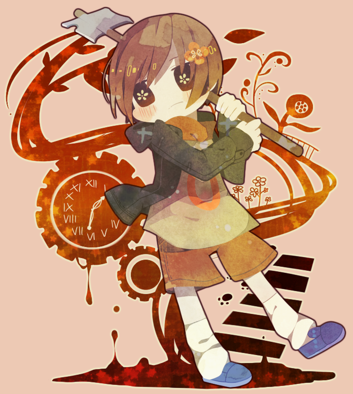 axe, brown_eyes, brown_hair, chie_(lcddem), clock, flower, hair_flower, hair_ornament