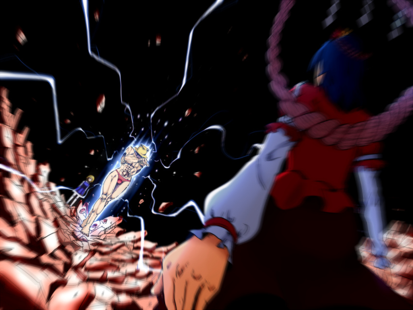 2girls, blonde_hair, blue_hair, electricity, hair_ornament, leaf, lightning, male