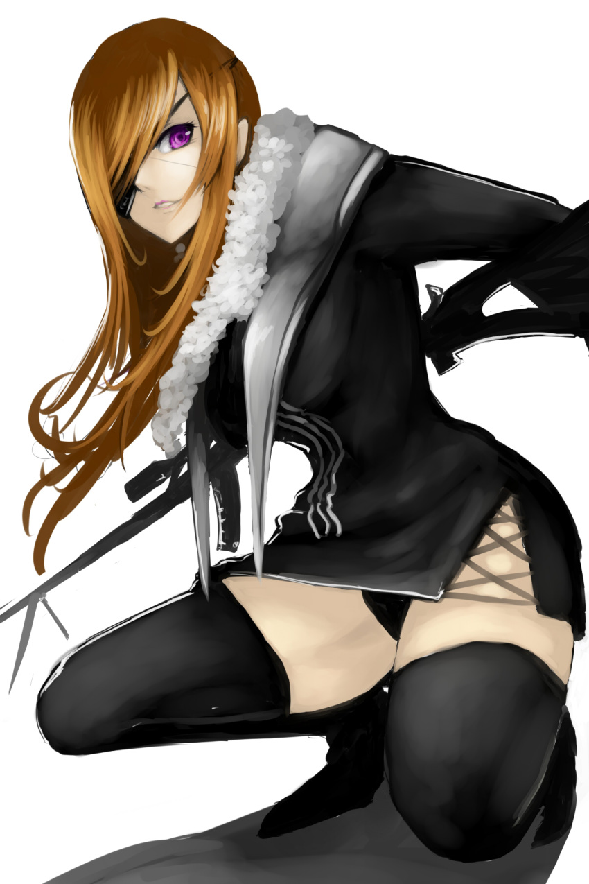 aleron, alternate_costume, black_legwear, black_panties, brown_hair, caitlyn_(league_of_legends), eyepatch, gun