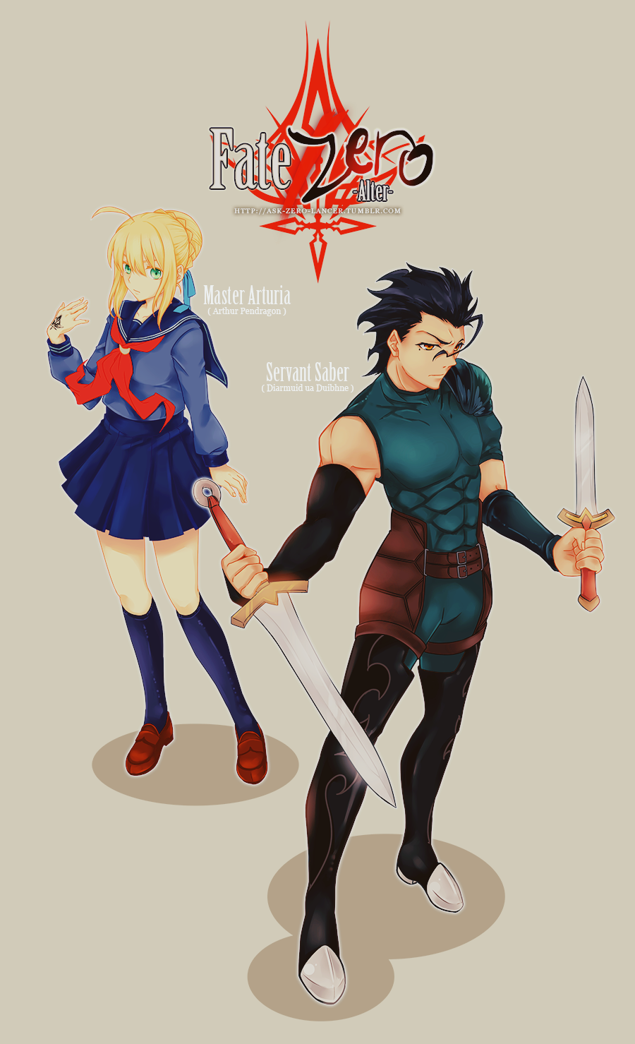 1girl, ahoge, black_hair, blonde_hair, command_spell, exec-rain, fate/zero, fate_(series), green_eyes, hair_ribbon, highres, lancer_(fate/zero), logo, mole, reverse_grip, ribbon, saber, school_uniform, serafuku, short_hair, sword, weapon, what_if, yellow_eyes