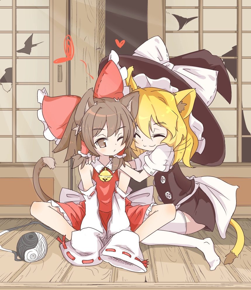:3, animal_ears, bell, blonde_hair, bow, brown_eyes, brown_hair, cat_ears