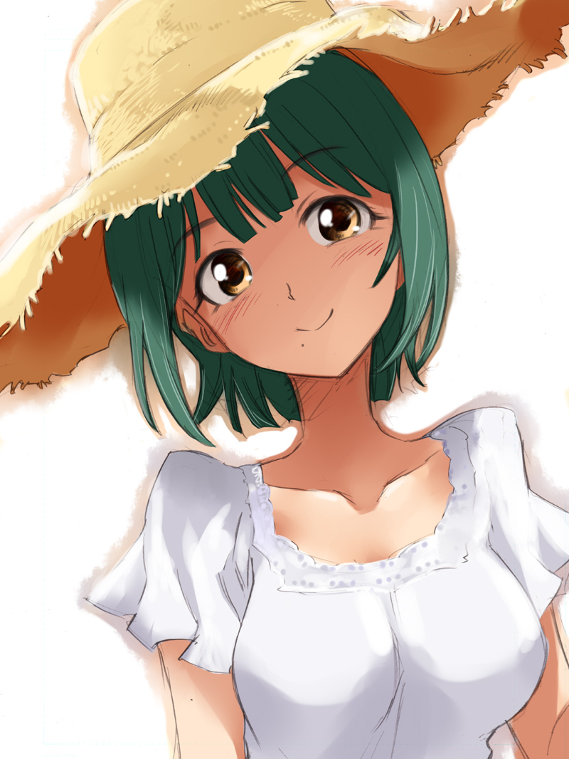 brown_eyes, bust, dress, green_hair, hat, head_tilt, idolmaster, mole, osusitan, otonashi_kotori, short_hair, smile, solo, sun_hat, sundress