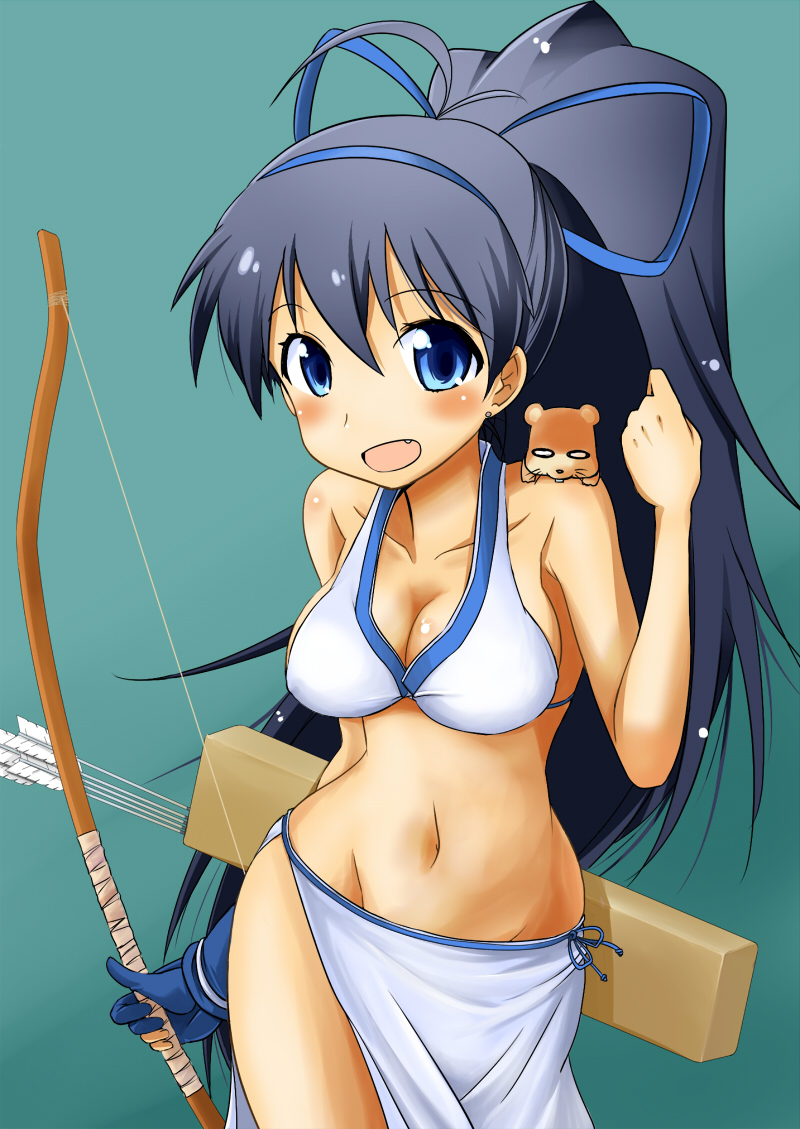 animal_on_shoulder, black_hair, blue_eyes, blush, bow, bow_(weapon), breasts, cleavage