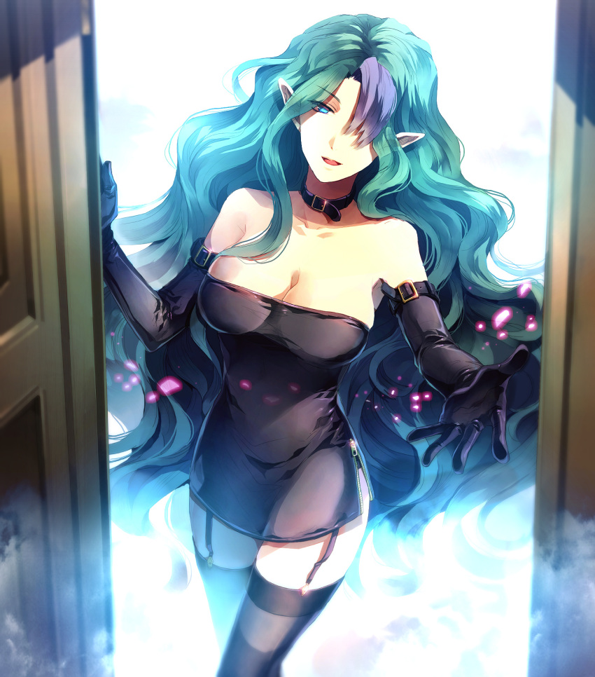aqua_eyes, aqua_hair, black_gloves, black_legwear, breasts, choker, cleavage, elbow_gloves
