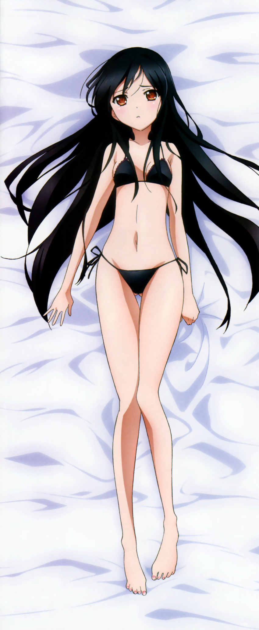 absurdres, accel_world, barefoot, bikini, black_hair, blush, dakimakura, feet, highres, kuroyukihime, long_hair, lying, navel, official_art, on_back, orange_eyes, scan, side-tie_bikini, solo, swimsuit, thigh_gap