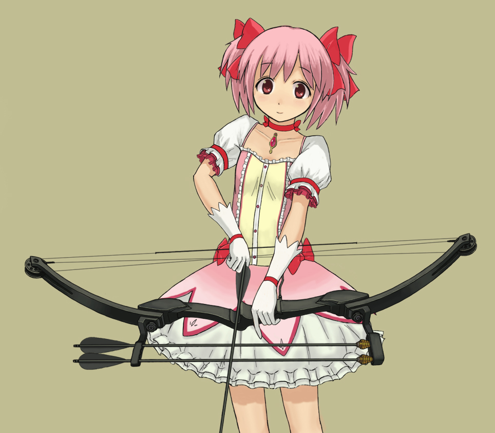 arrow, bow_(weapon), choker, compound_bow, dress, gloves, kaname_madoka, lance_blue