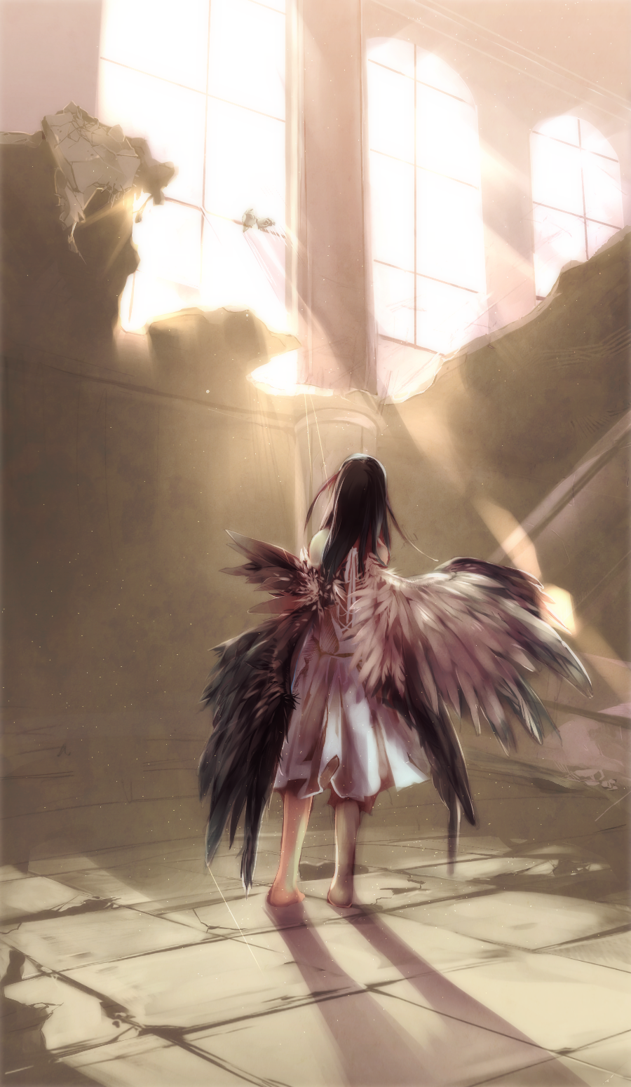 asymmetrical_wings, bare_shoulders, barefoot, black_hair, dress, feathered_wings, from_behind, highres, light_particles, long_hair, original, ruins, shadow, shirou_(j00630), solo, stairs, standing, sunbeam, sunlight, window, wings