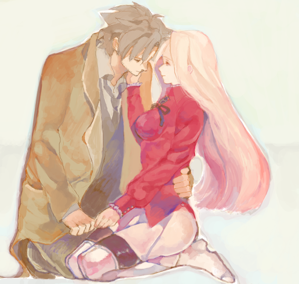 1girl, boots, couple, drawr, emiya_kiritsugu, fate/zero, fate_(series), husband_and_wife, irisviel_von_einzbern, long_hair, pantyhose, potatozoo, red_eyes, thigh-highs, thigh_boots, thighhighs, trench_coat, white_hair