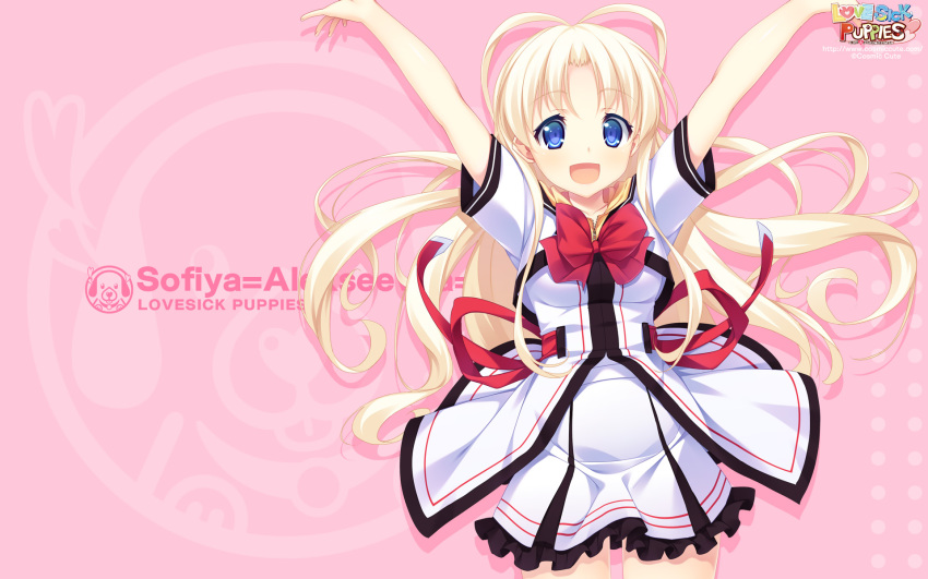 blonde_hair, blue_eyes, bow, copyright_name, lovesick_puppies, sankuro, seifuku, sofiya_alekseevna_feofanova