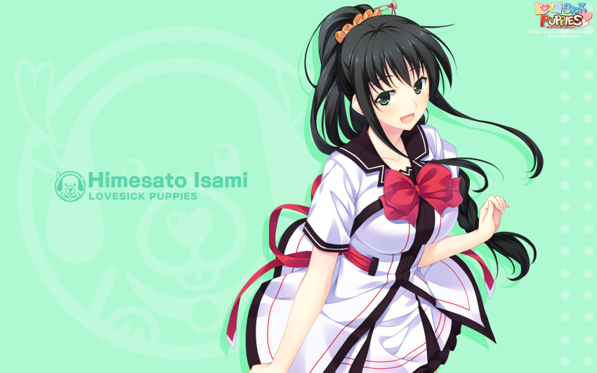 black_hair, bow, copyright_name, green_eyes, himesato_isami, lovesick_puppies, sankuro, seifuku