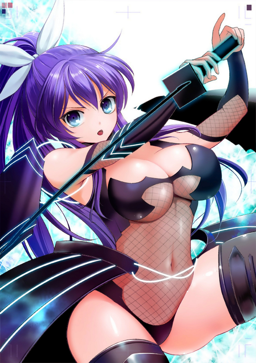 :o, bare_shoulders, black_legwear, blue_eyes, bow, breasts, cleavage, cover, eda_mame, edamame, elbow_gloves, fishnets, fuyunagi_rindou, gloves, hair_bow, highres, large_breasts, long_hair, looking_at_viewer, navel, ninja, ponytail, purple_hair, see-through, solo, sword, thigh-highs, thighhighs, underboob, weapon, yogakure