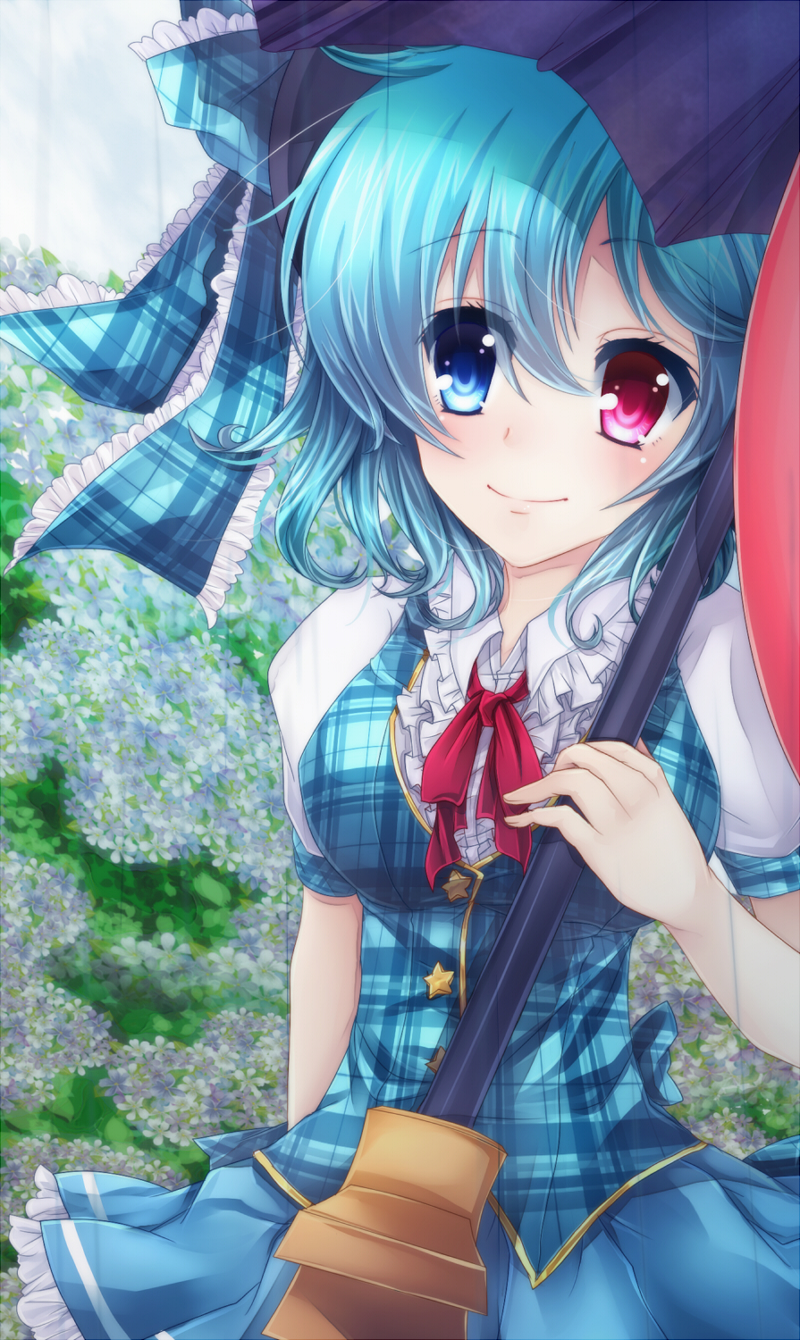 alternate_costume, blue_eyes, blue_hair, bow, breasts, flower, heterochromia, highres