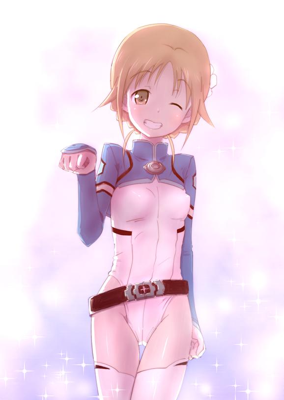 belt, brown_eyes, brown_hair, cosplay, fin_e_ld_si_laffinty, fin_e_ld_si_laffinty_(cosplay), leotard, miyamoto_konatsu, paw_pose, rinne_no_lagrange, season_connection, seiyuu_connection, seto_asami, smile, solo, tari_tari, thigh-highs, thighhighs, wink, yoshinogai