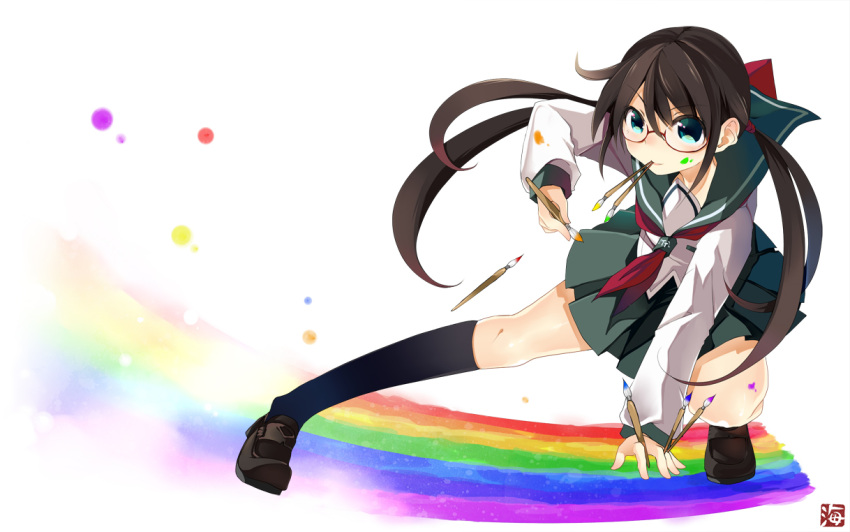 aqua_eyes, between_fingers, black_legwear, brown_hair, dual_wielding, glasses, hair_ornament, kaisanbutsu