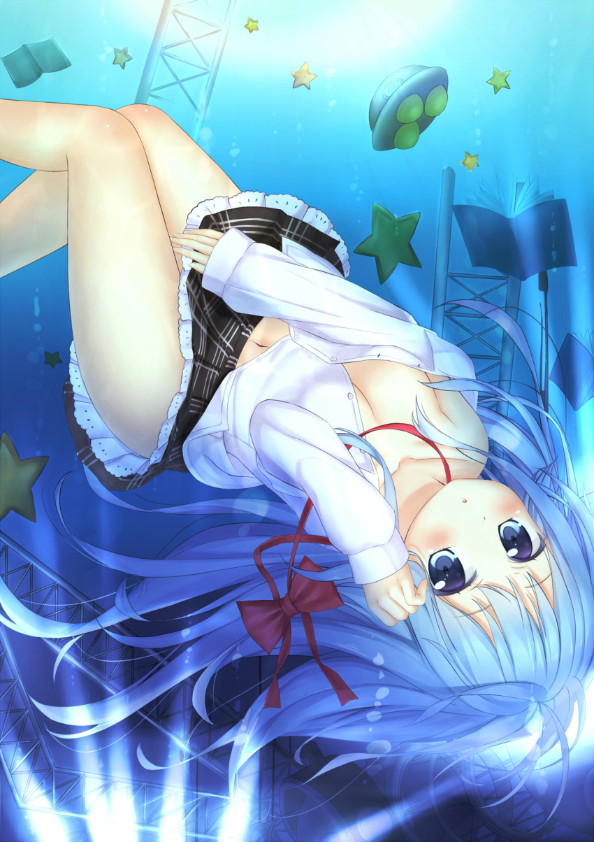 :o, bangs, blue_eyes, blue_hair, blush, book, breasts, cleavage