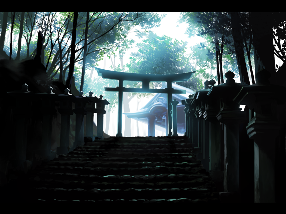 letterboxed, no_humans, sany, scenery, shrine, still_life, stone_lantern, torii