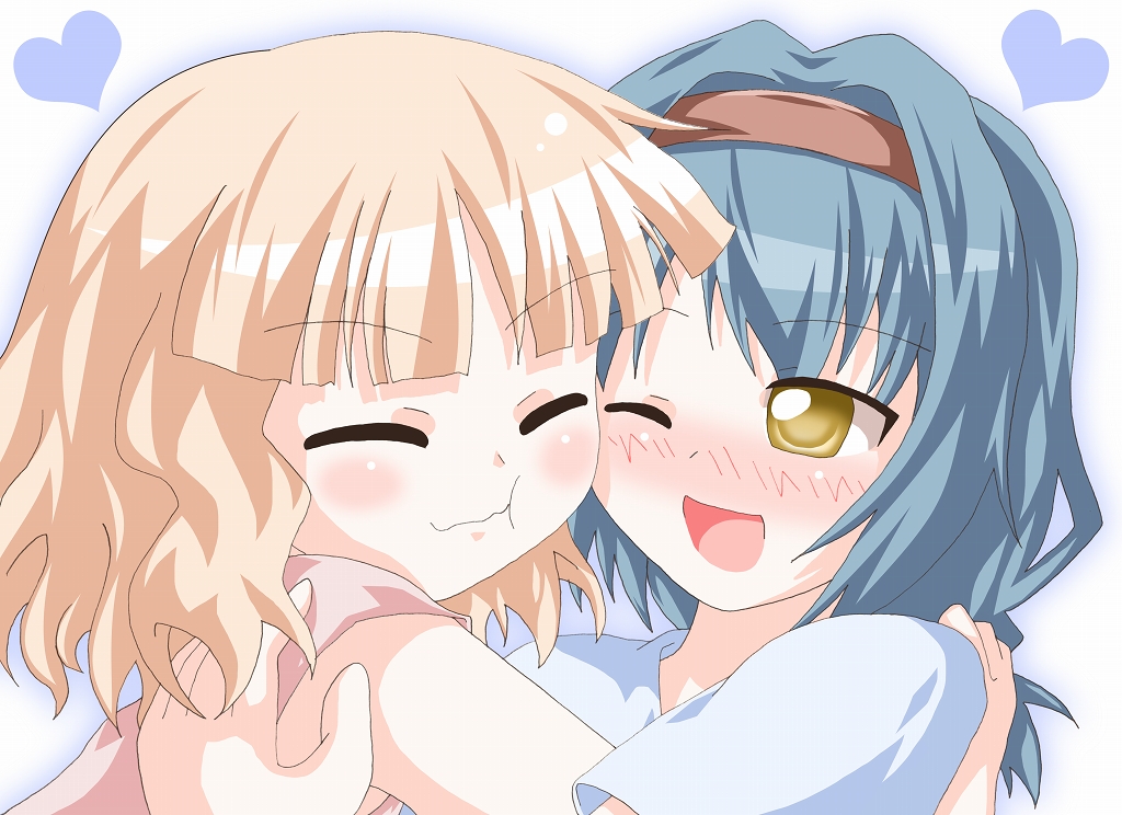 :t, ^_^, blonde_hair, blue_hair, blush, bust, cheek_press, cheek_rub