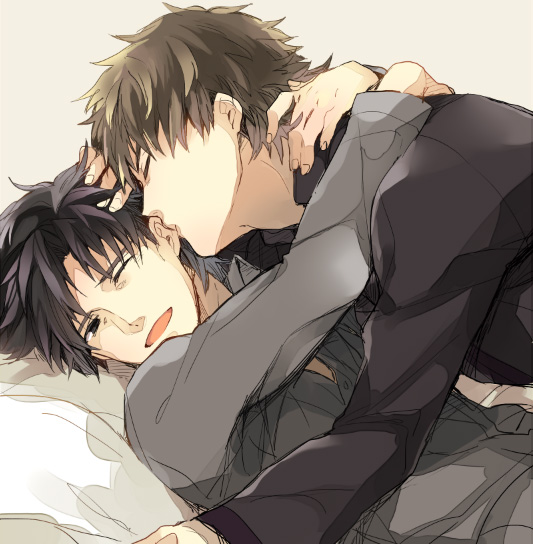 black_eyes, black_hair, brown_hair, ear_kiss, emiya_kiritsugu, fate/zero, fate_(series), kotomine_kirei, kuroemon, male, multiple_boys, wink, yaoi