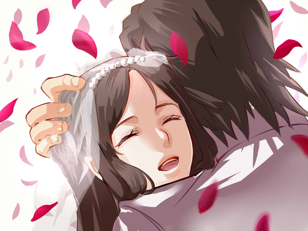 1girl, brown_hair, couple, hug, husband_and_wife, kaburagi_t_kotetsu, kaburagi_tomoe, long_hair