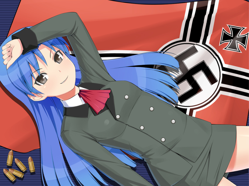 blue_hair, bullet, idolmaster, kisaragi_chihaya, long_hair, military, military_uniform, miniskirt