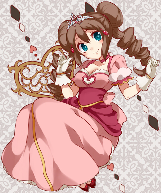 alternate_costume, blue_eyes, bow, breasts, brown_hair, cleavage, crown, double_bun