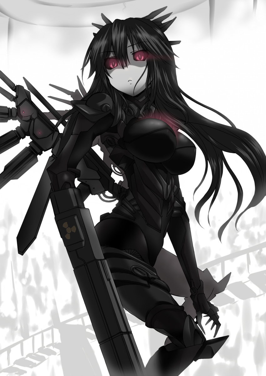 alternate_costume, alternate_weapon, arm_cannon, black_hair, blame!, bodysuit, breasts, crossover, glowing, glowing_eyes, gun, highres, large_breasts, long_hair, radiation_symbol, red_eyes, reiuji_utsuho, shinjitsu_(true_ride), solo, touhou, weapon