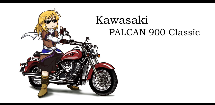 blonde_hair, fingerless_gloves, gloves, green_eyes, kawasaki, long_image, mizuhashi_parsee, motor_vehicle