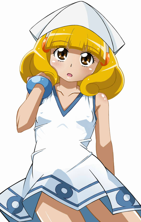 blonde_hair, bracelet, cosplay, dress, erect_nipples, hat, idolmaster, ikamusume